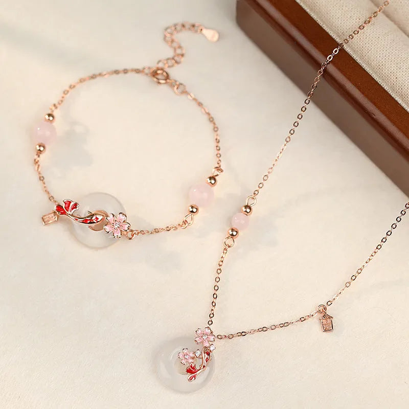 S925 sterling silver bracelet with Chinese flower design and white chalcedony crystals in Koi theme