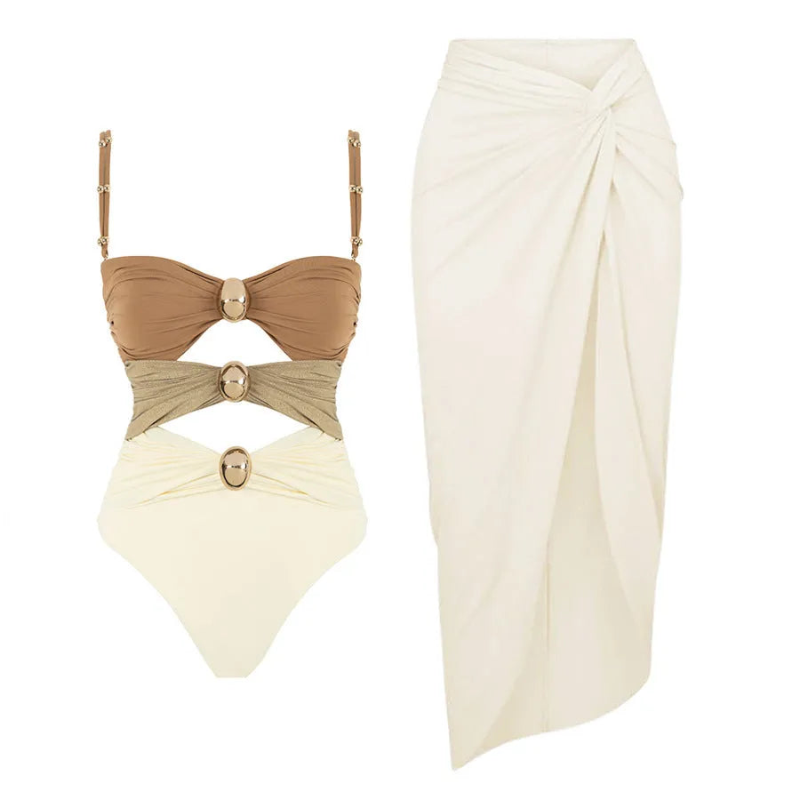 Women's solid-colour one-piece swimsuit with removable skirt and gold button detail in nylon fabric