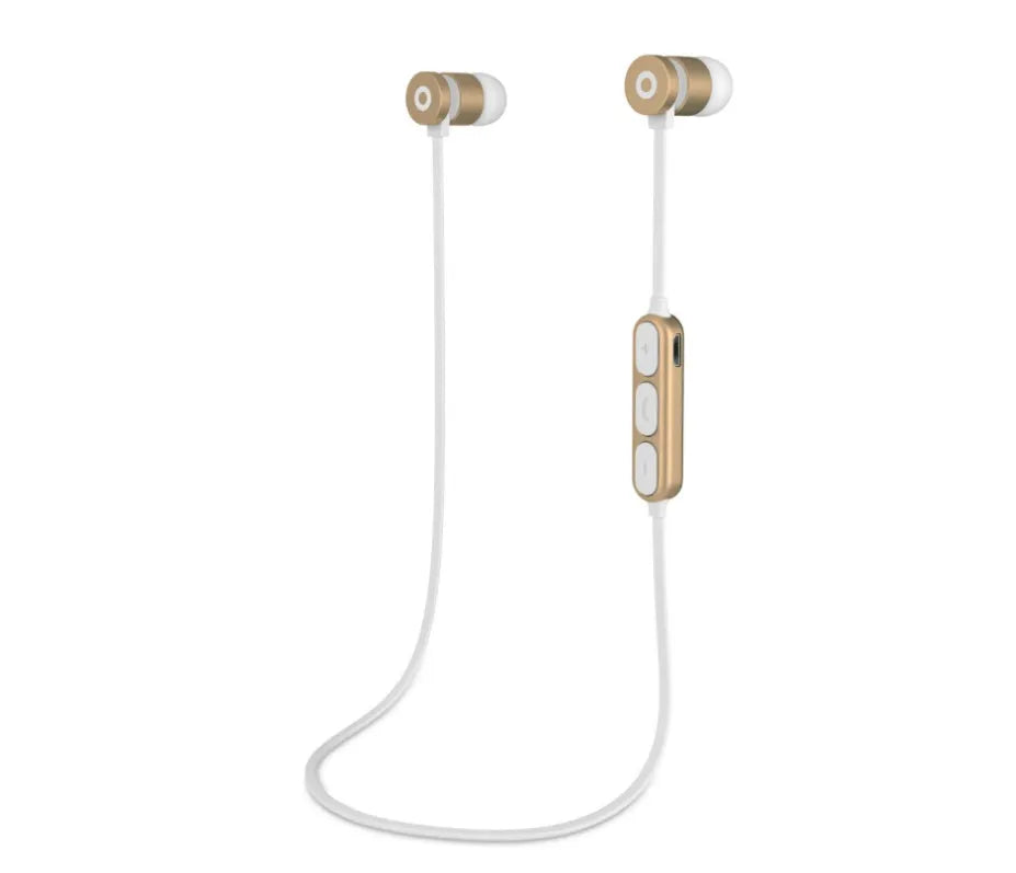 Black wireless neckband sports headset with magnetic in-ear Bluetooth earbuds.