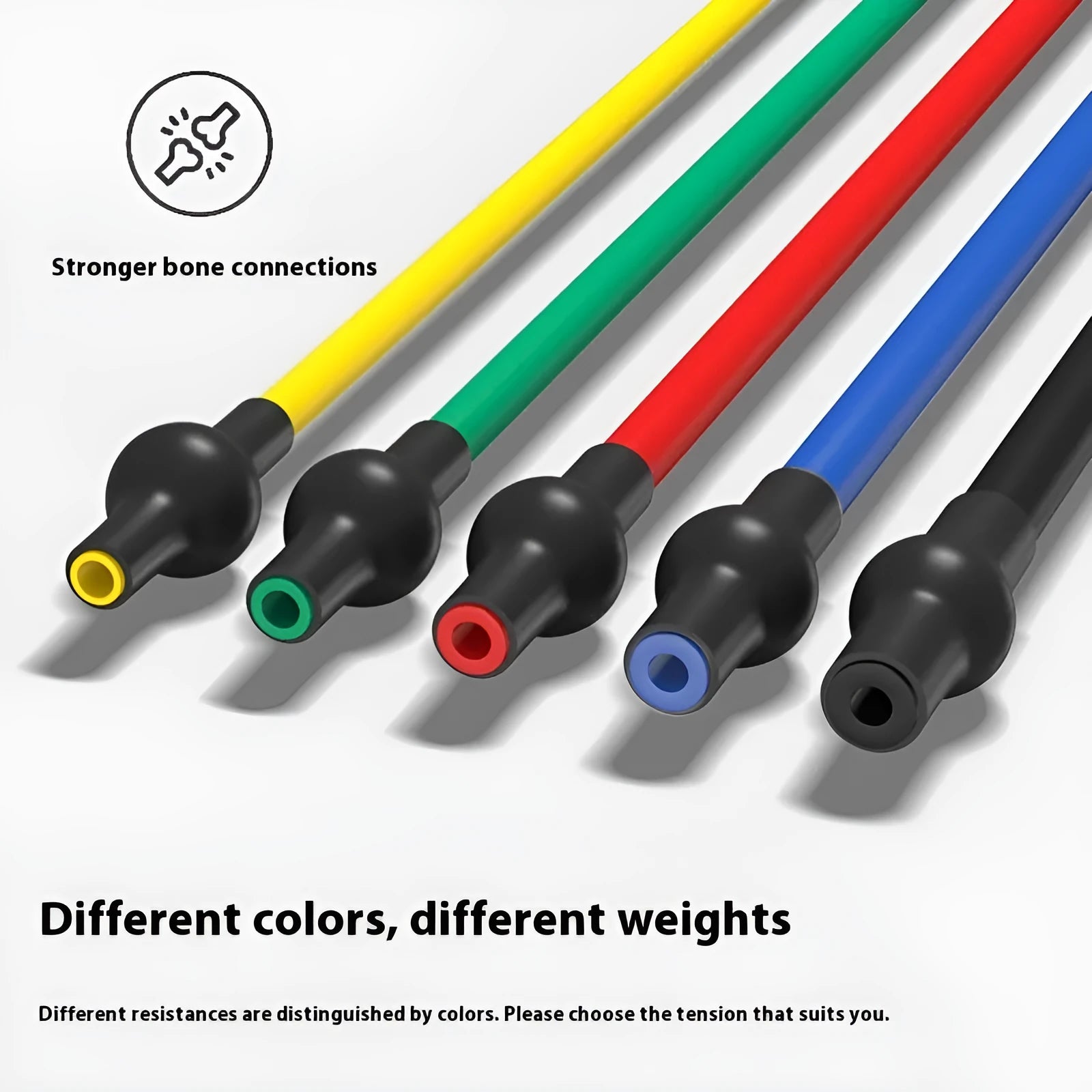 Colour-coded TPE chest expander rope showing yellow, green, red, blue, and black resistance bands for fitness training