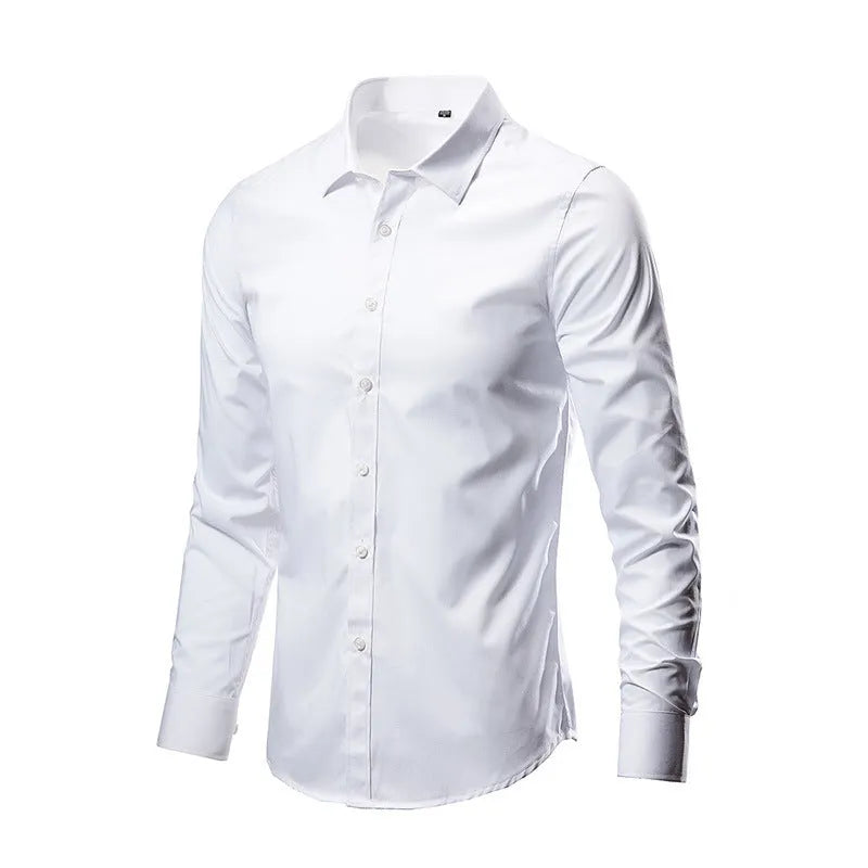 Man wearing a loose-fit long-sleeve linen shirt in a neutral colour, showcasing the casual fit and texture.