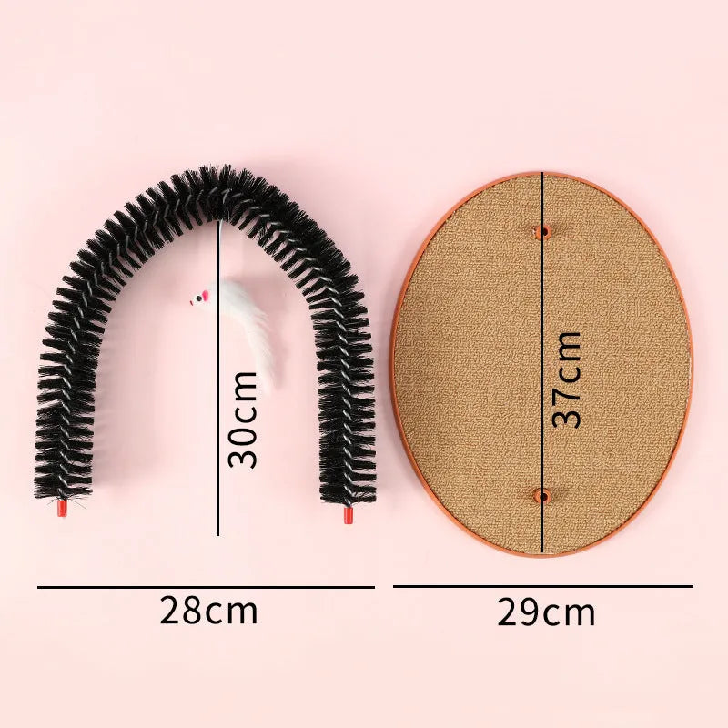 Black arch-shaped cat scratching post with grooming brush surface and attached plush mouse toy
