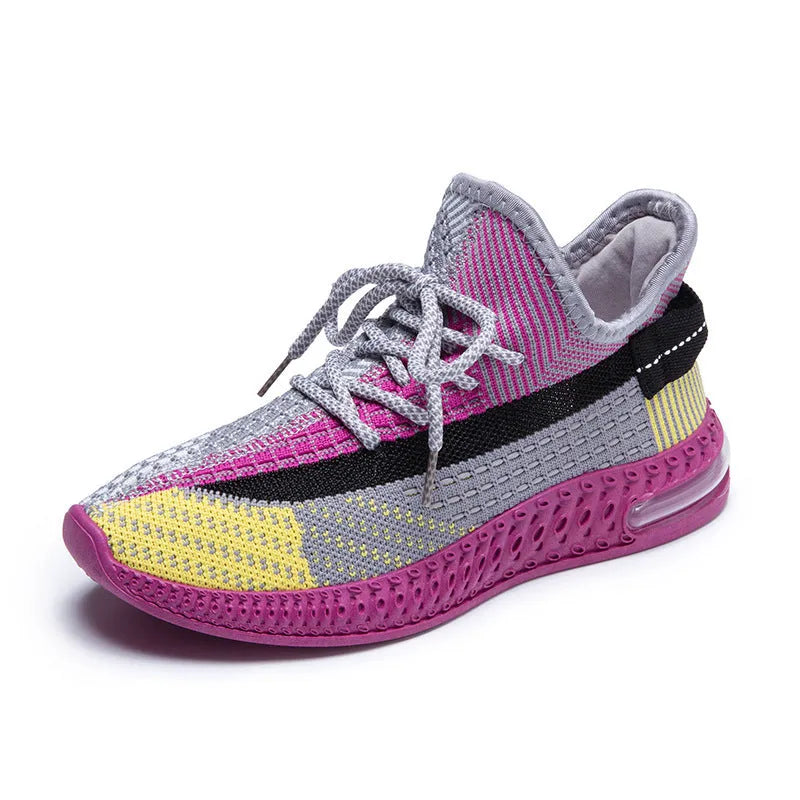 Women's lightweight casual running shoes in purple, black and orange colours with front lace-up design