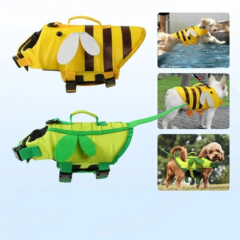 Green dog life vest with reflective trim and adjustable straps for swimming safety