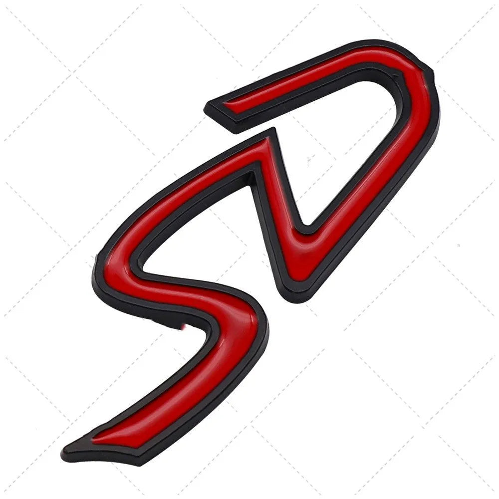 SD metal decorative car bumper sticker in red and silver colour combination showing dimensional scale