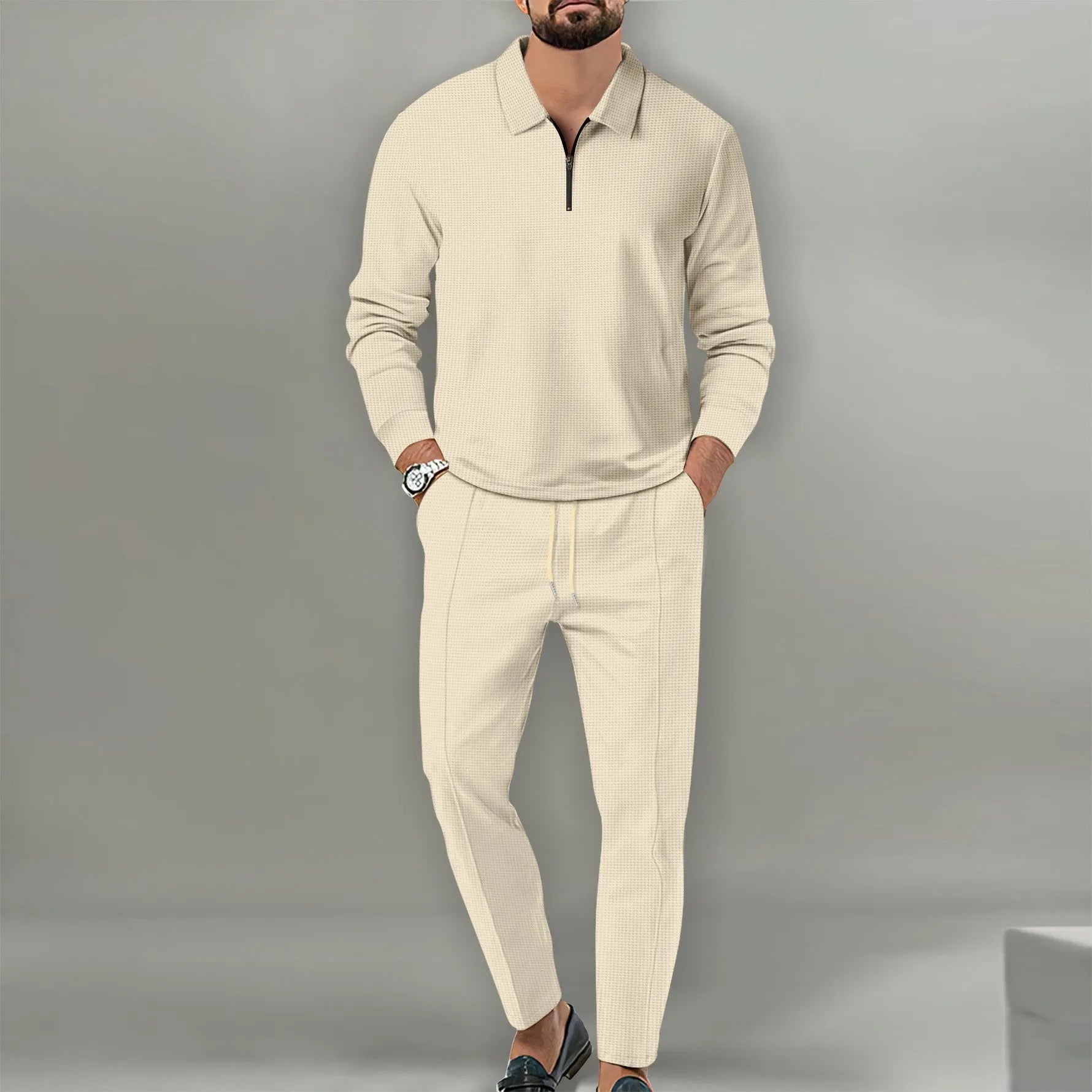 Men's waffle solid colour zipper long sleeve trousers suit in black, young casual style
