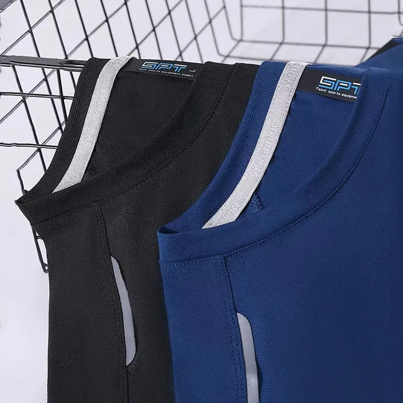 Round neck quick-dry sports t-shirt in ice silk fabric on a size chart showing colours black, white, gray, blue, green, orange, and red.