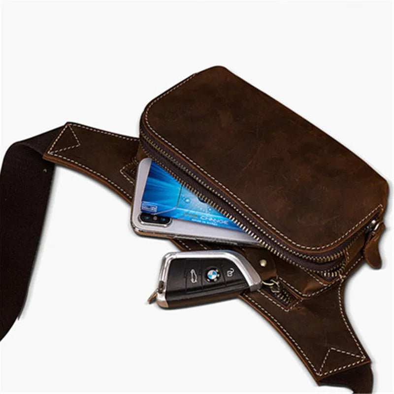 Brown cowhide leather men's sports waist bag with zip and internal phone pocket.