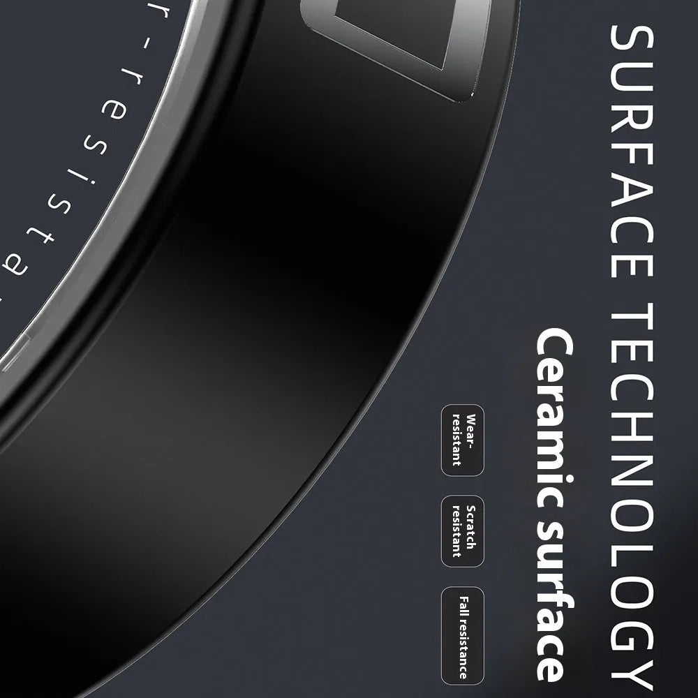Black ceramic smart ring for health monitoring on a finger.