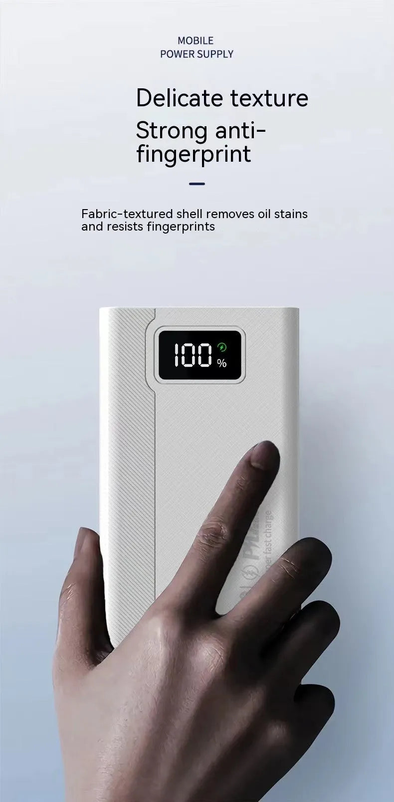 Large capacity power bank in black or white plastic case with dimensions 150×76mm