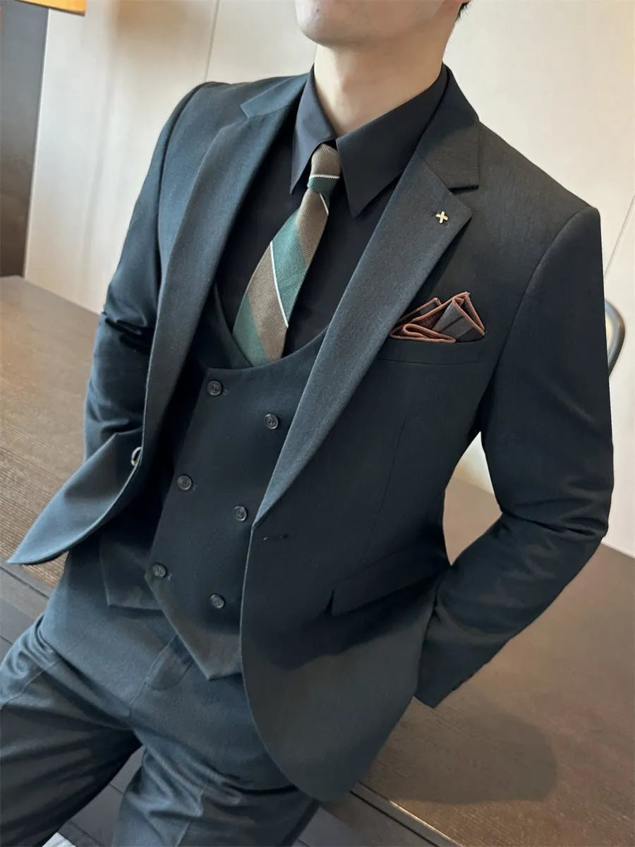 Men's slim fit business formal wear jacket in dark green, made from chemical fibre blended fabric.