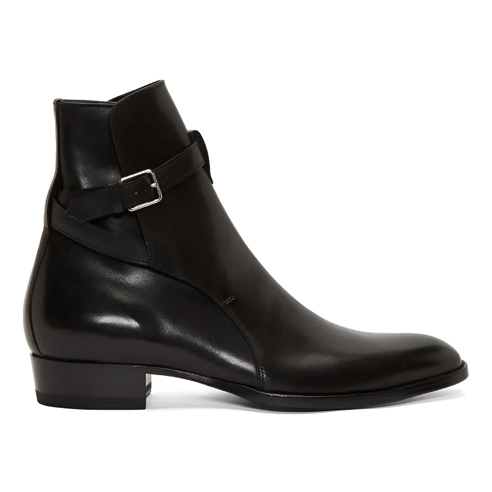 Men's pointed-toe leather martin boots with buckle fastening and leather stitching, brown matte finish