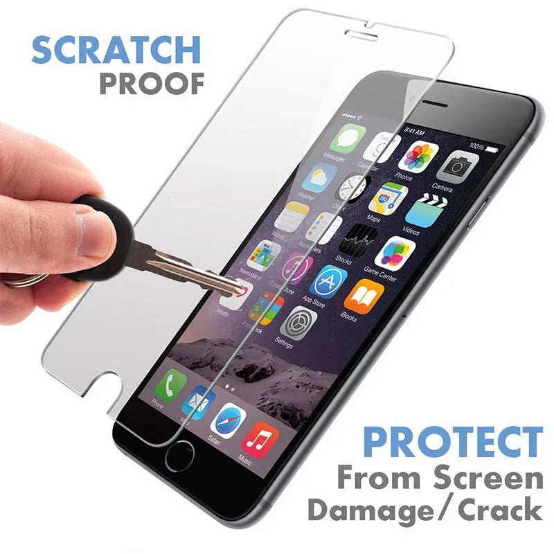Transparent tempered glass screen protector for iPhone showing anti-fingerprint surface.