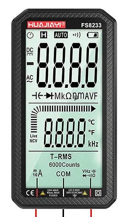 Black and red handheld digital multimeter with large screen display for electrical testing