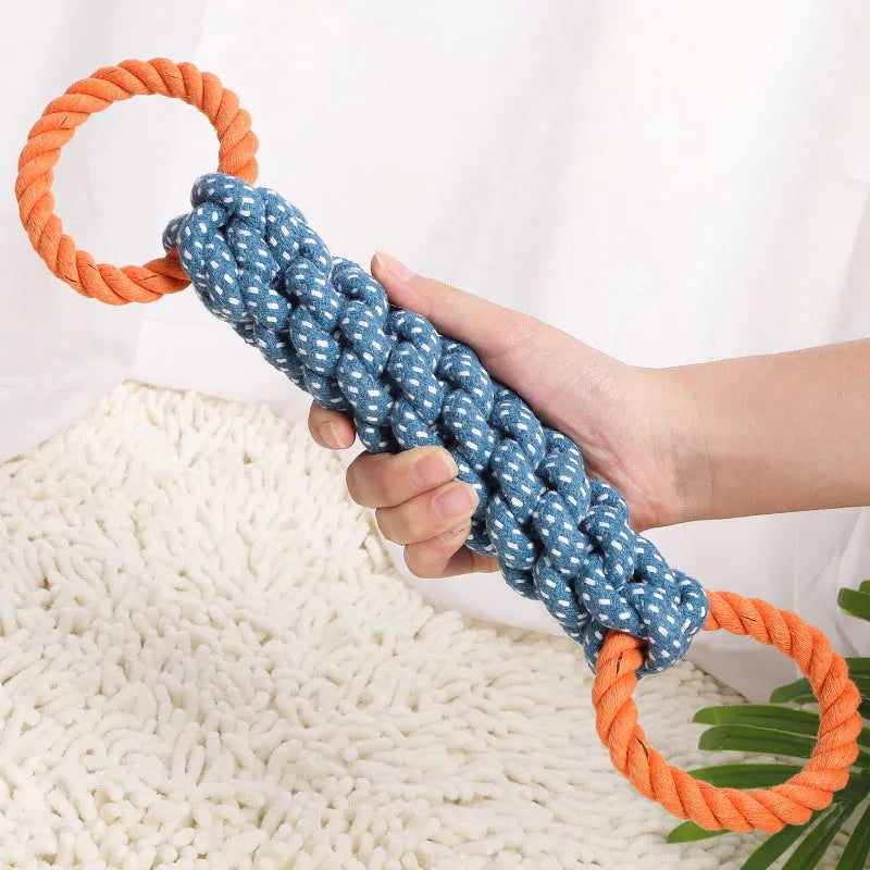 Blue double-ring dog chew toy with braided cotton bone rope measuring 37cm long