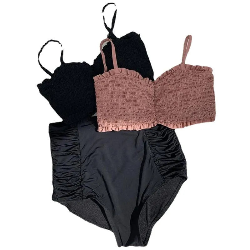 Women's cameo brown retro high-waist split bikini set made from polyester fabric.