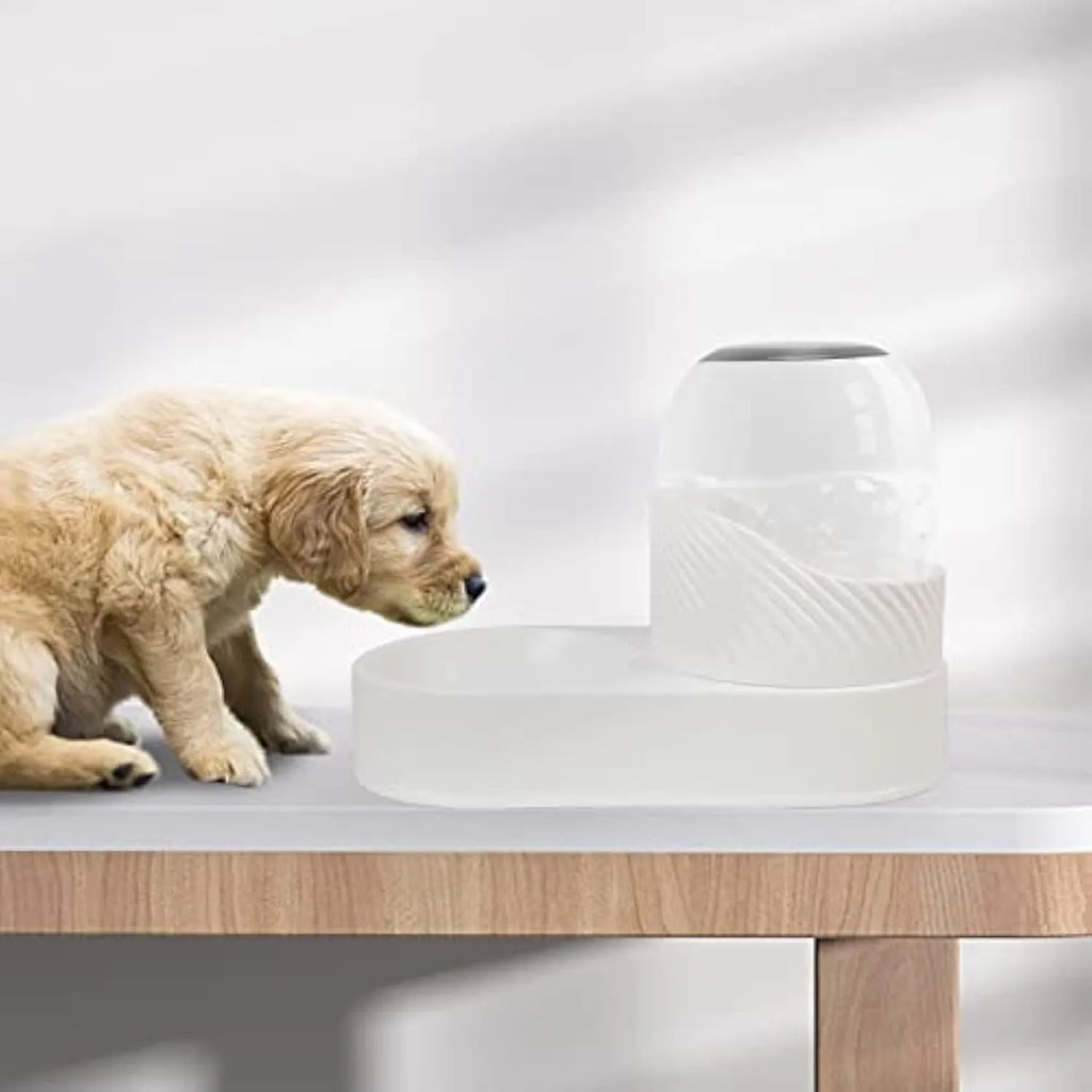 White automatic cat feeder and water dispenser set with wave-shaped design