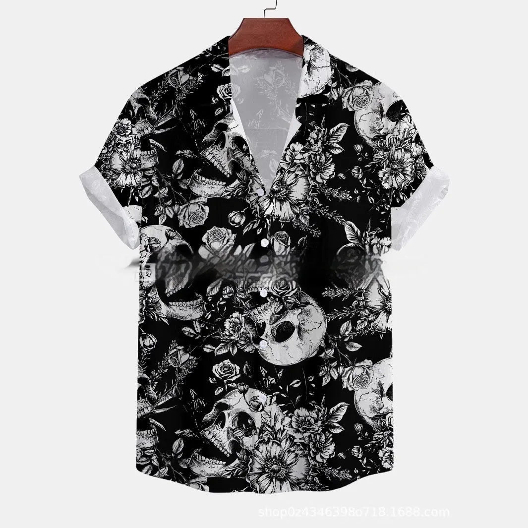 Man wearing a loose-fitting, short-sleeved floral print shirt in a cardigan style.