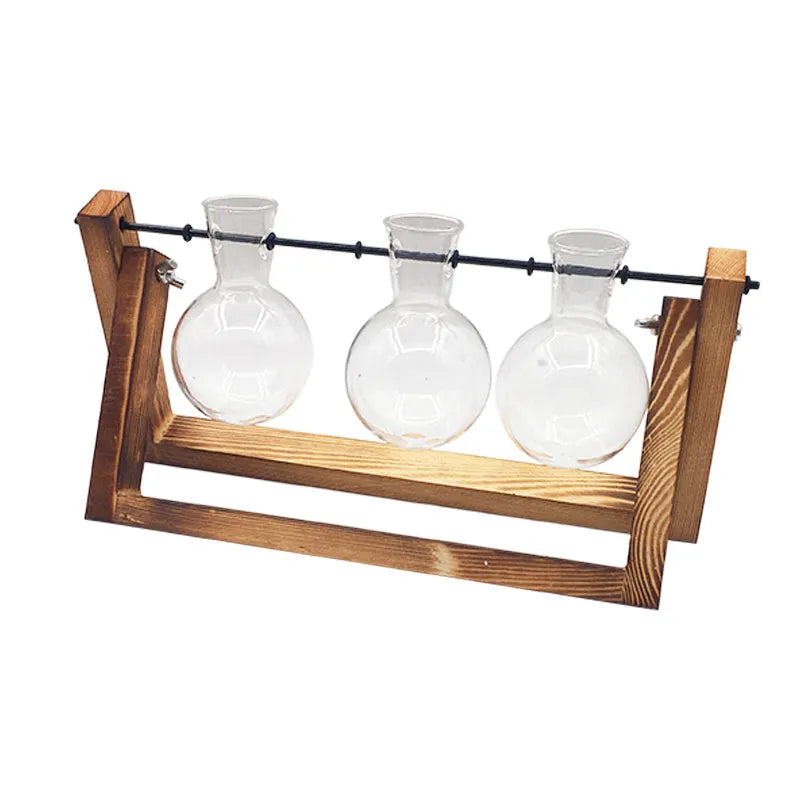 Wooden swing stand hydroponic container with borosilicate glass vase displaying plants
