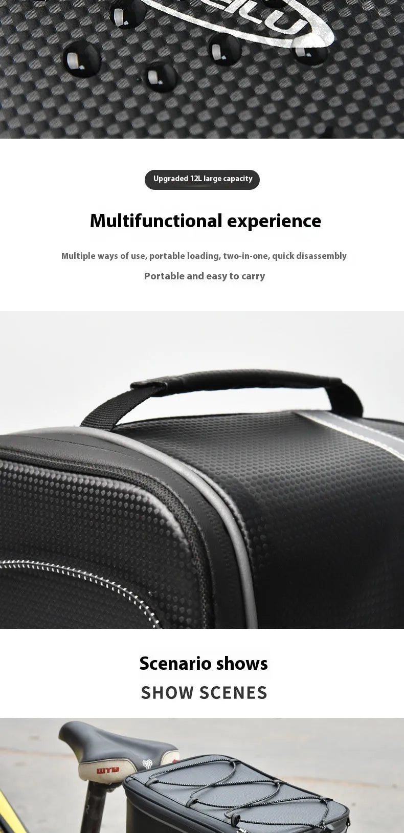 Black PU leather backseat bag for bicycle rack equipment with 12 litre capacity