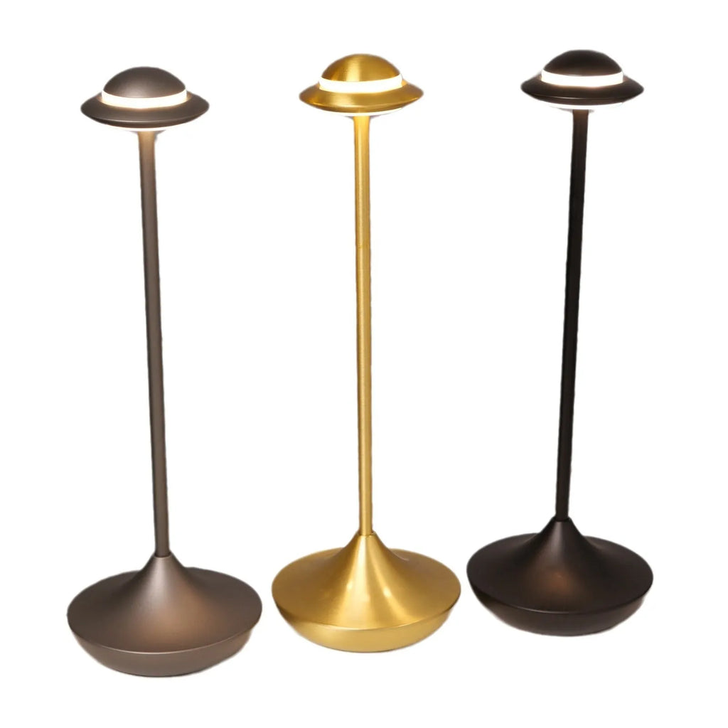 Rechargeable UFO table lamp in black with touch dimming controls