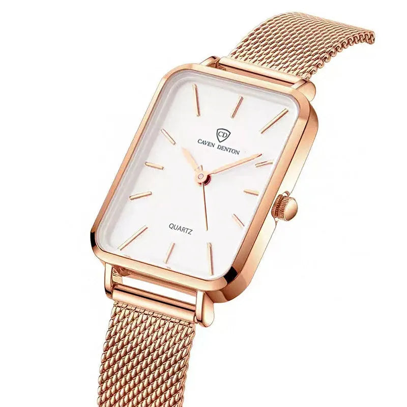 Rose gold or silver women's waterproof quartz watch with a woven steel bracelet.