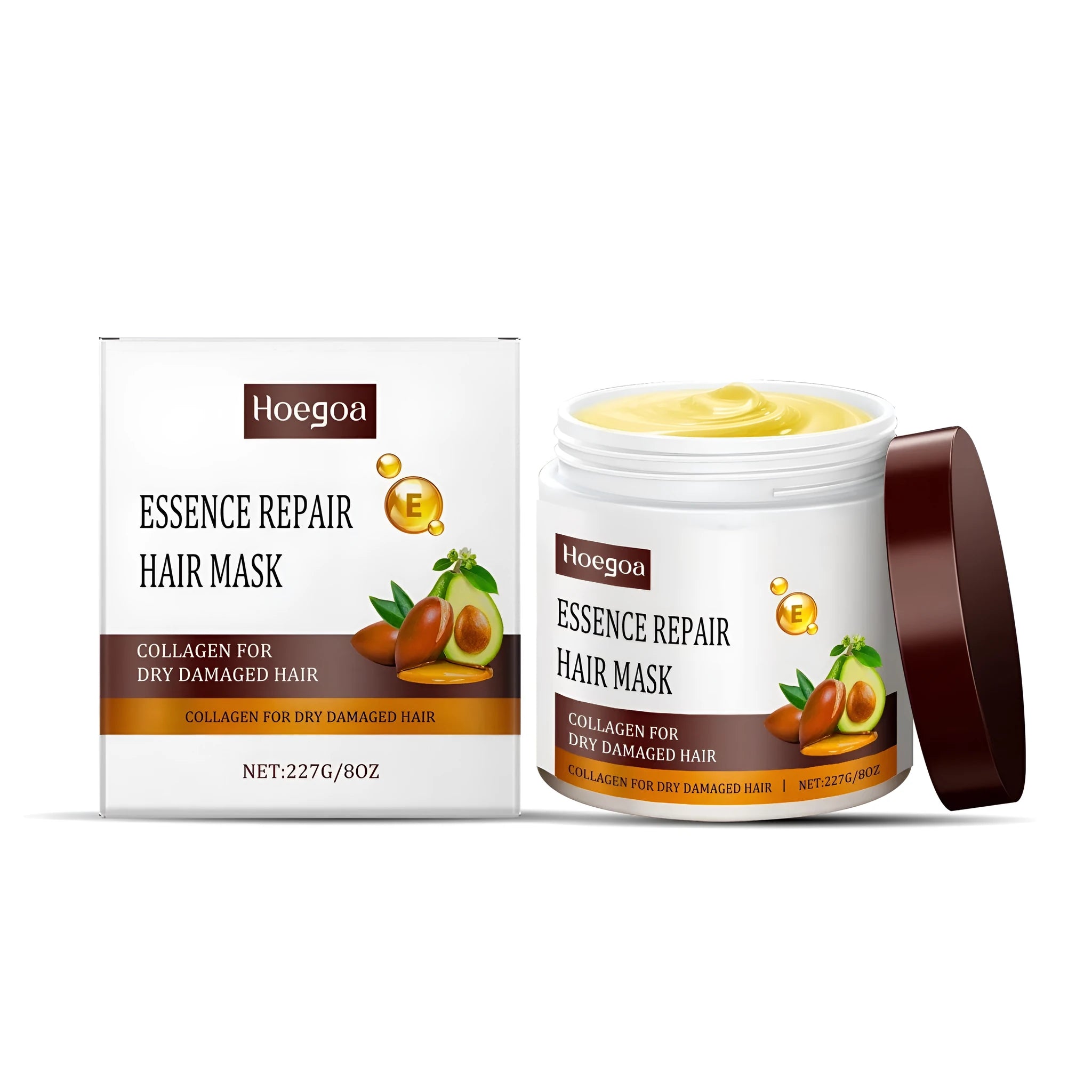 227g pot of collagen and keratin repair hair mask with aloe and avocado oil.