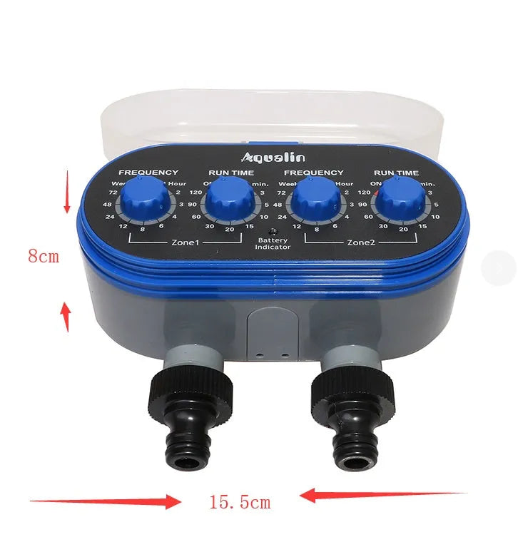 Dual timed irrigation controller with battery compartment and water connection ports