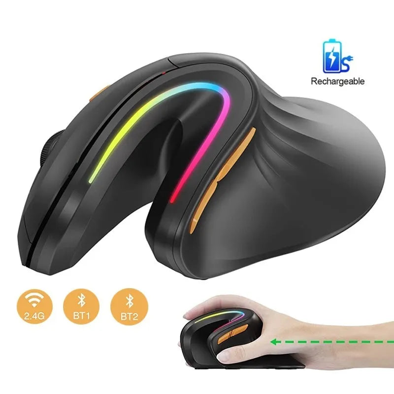Black vertical Bluetooth mouse with RGB lighting showing ergonomic hand position
