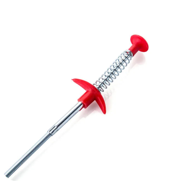 Black sewer dredger spring drain cleaning tool with handle and coiled end for pipe unclogging.