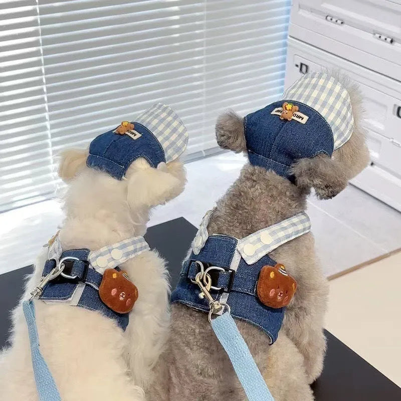 Trendy cow pet chest-back harness with hand-holding rope in British style on a dog, sizes XS to XL