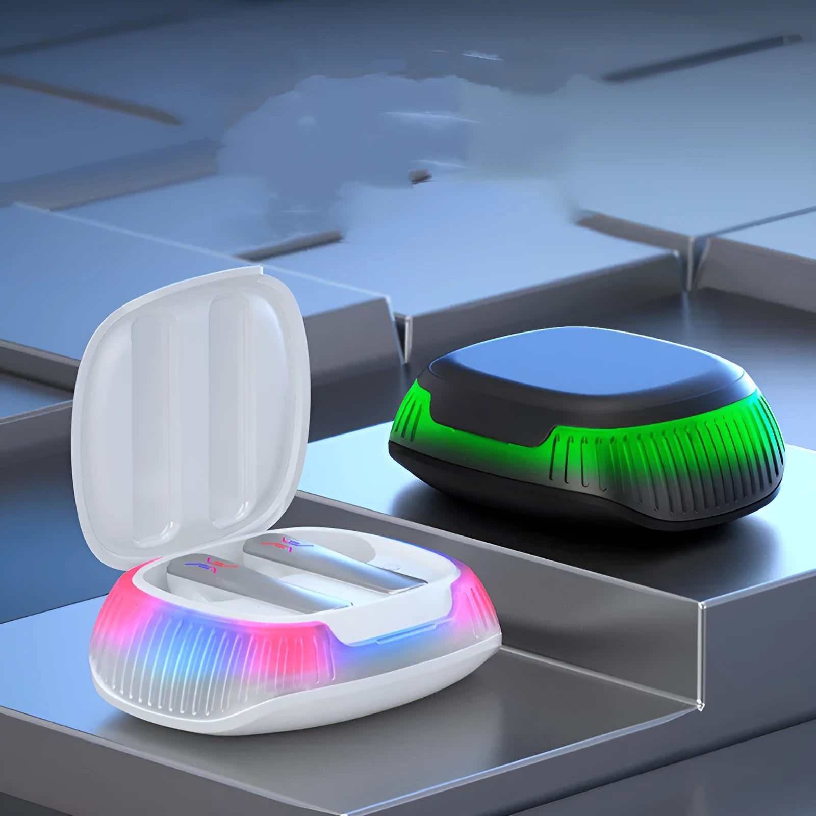 Hall Flashing wireless gaming headset with earplug design in black or white colour options