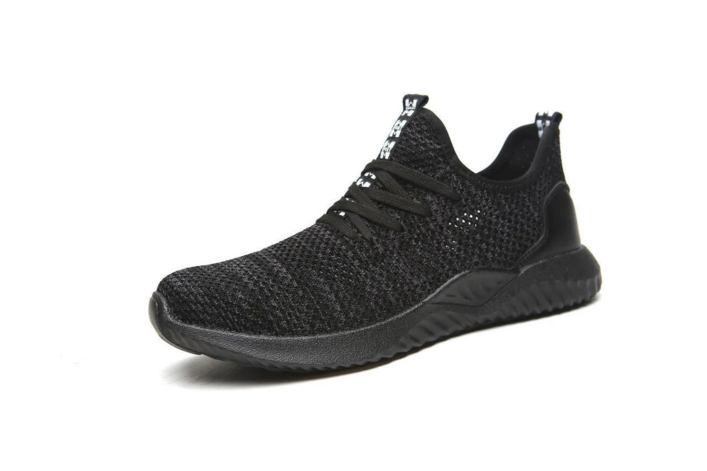 Men's black safety work shoes with steel toe cap and EVA sole on a grey background.