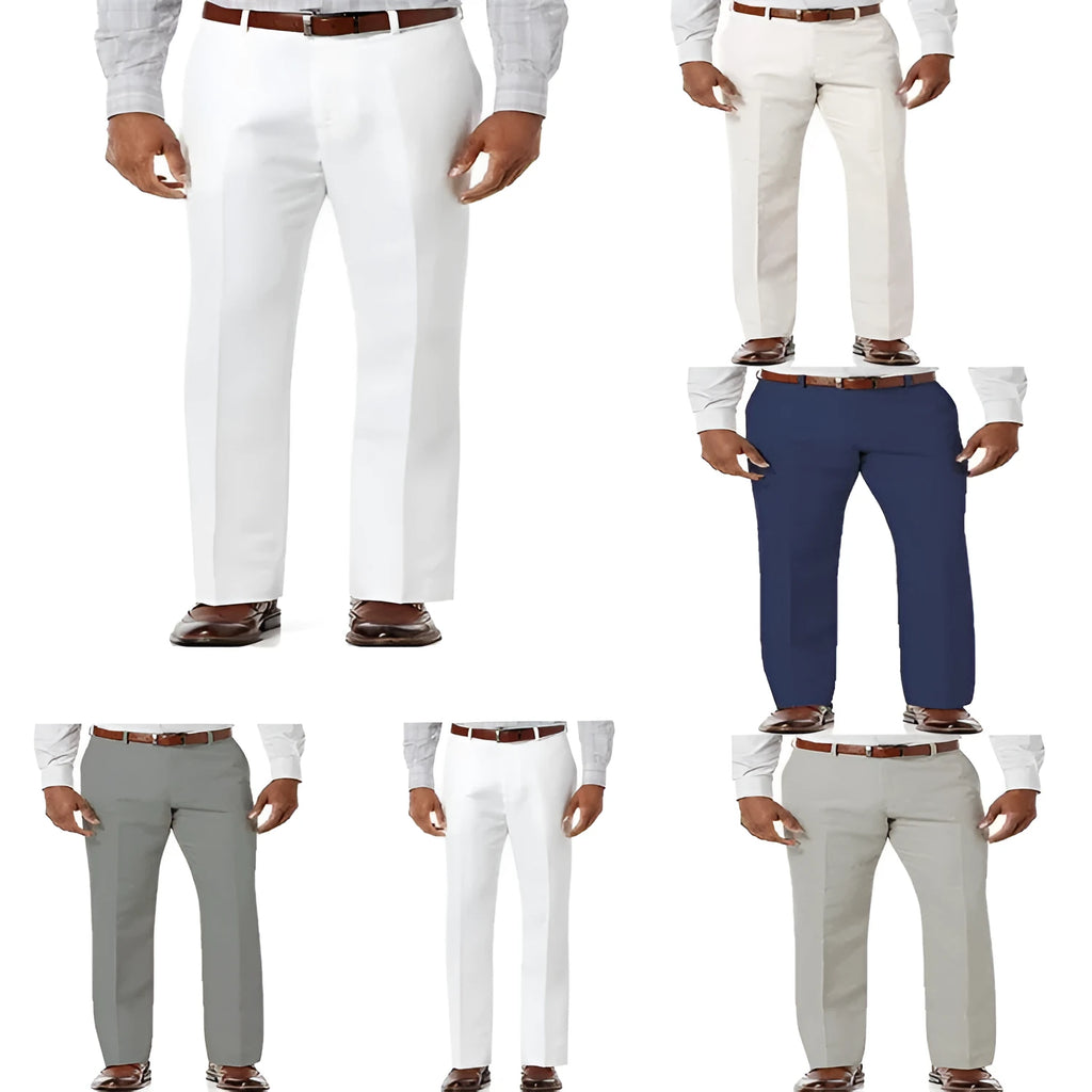 Men's solid colour linen cotton casual trousers with slant pockets laid flat.