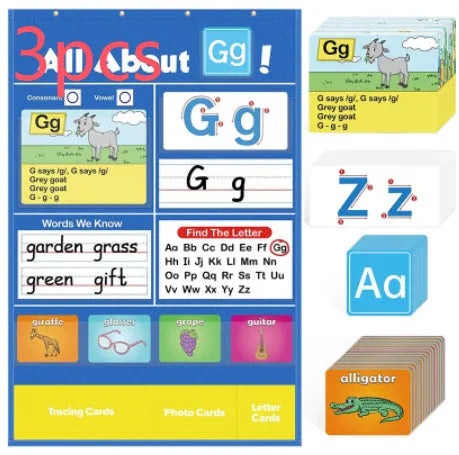 Alphabet learning chart with letter cards, word cards, and picture cards laid out on a table.