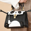 Panda print cow leather handbag in a horizontal square shape, shown in two size options.