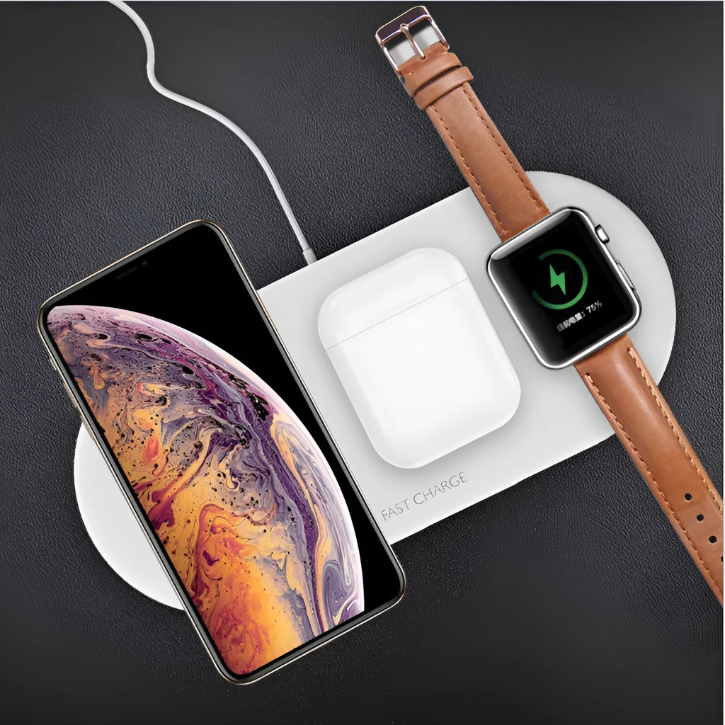 White triple wireless charging station for iPhone, iWatch, and headphones on desktop