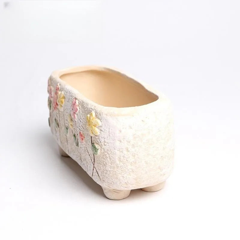 Rectangular hand-painted ceramic flower pot for succulents with 13.7x6.2x6.5cm dimensions