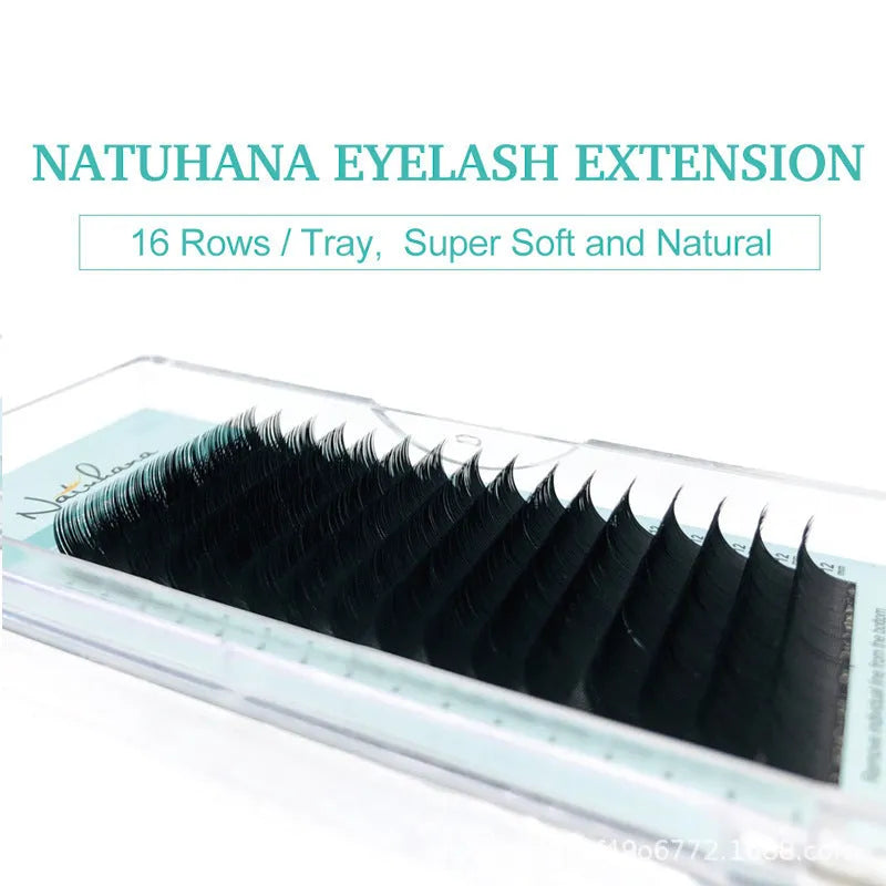 Artificial fibre false eyelashes on a card showing velvet texture and natural curl, with size options from 7mm to 15mm.