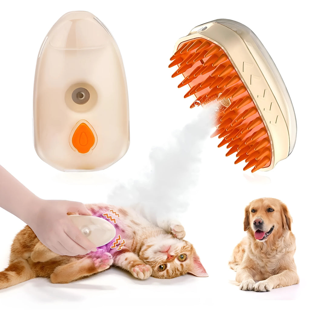 Yellow multifunctional cat steam brush with silicone teeth, water tank, and UV lamp.