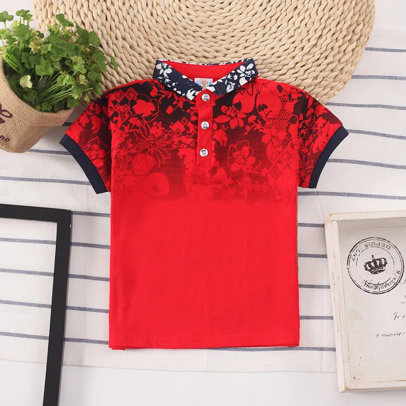 Boys' solid colour cotton short sleeve shirt with lapel collar on hanger.
