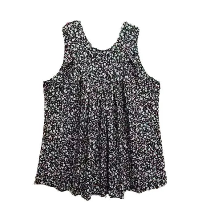 Black plus-size sleeveless vest with floral print, round neck, and loose fit on a hanger.