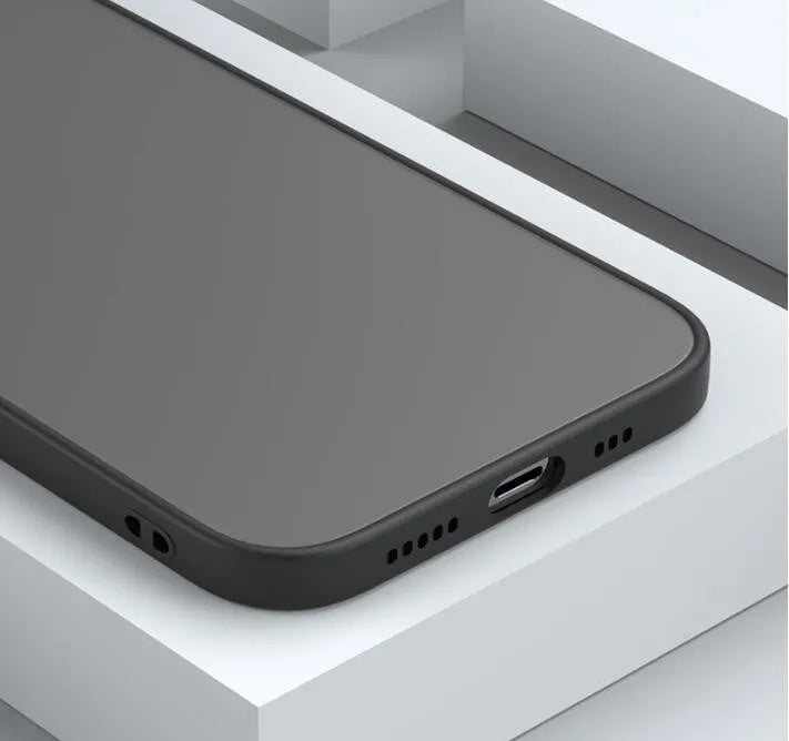 Black frosted hard protective iPhone case with fine hole skin-sensing design on a dark background.