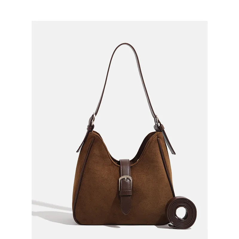 Retro suede leather underarm shoulder bag in brown with double straps, large capacity portable design