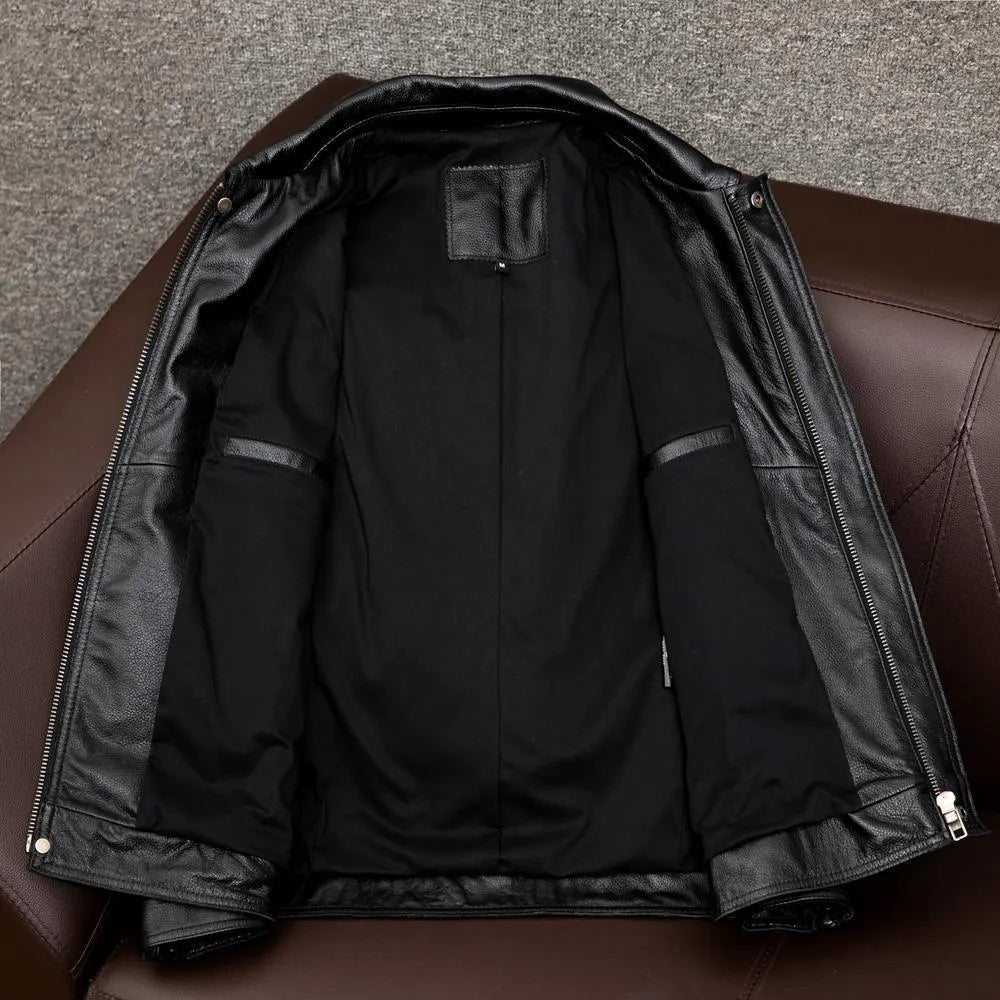 A man's black lapel short leather jacket with side pockets, shown in a loose fit.