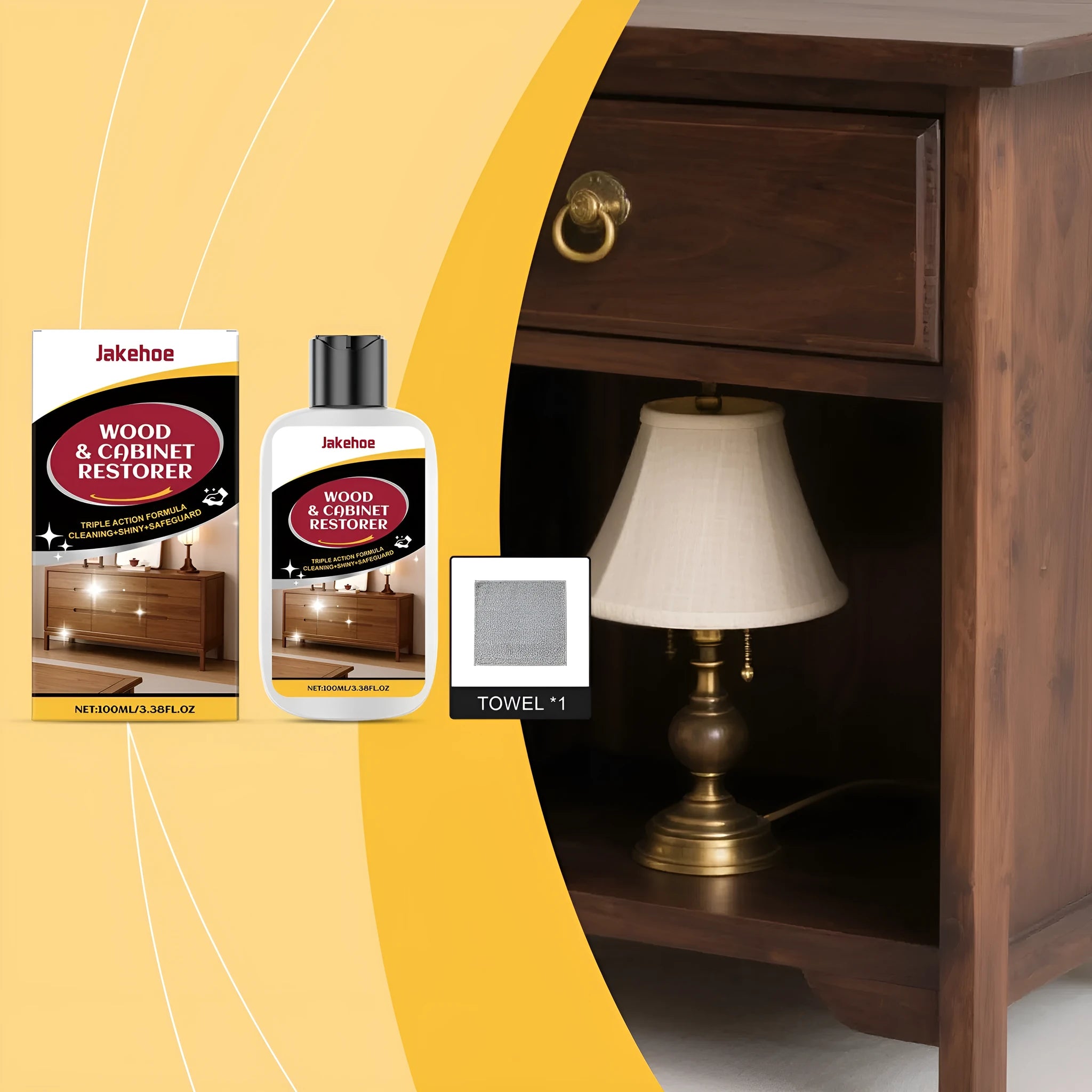 Wooden furniture scratch care solution kit showing 100ml bottle and 20x20cm microfiber cloth on packaging
