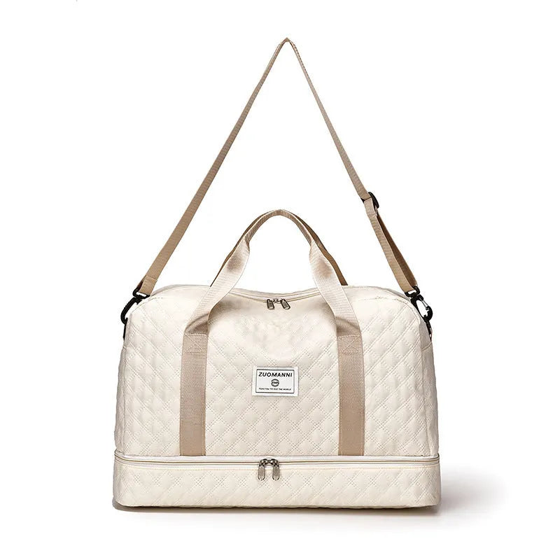 Large capacity Oxford cloth leisure travel bag in a solid colour, showing street style design details.