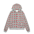 Women's mixed grey hooded cardigan with a retro pattern, long sleeves, and a regular fit.
