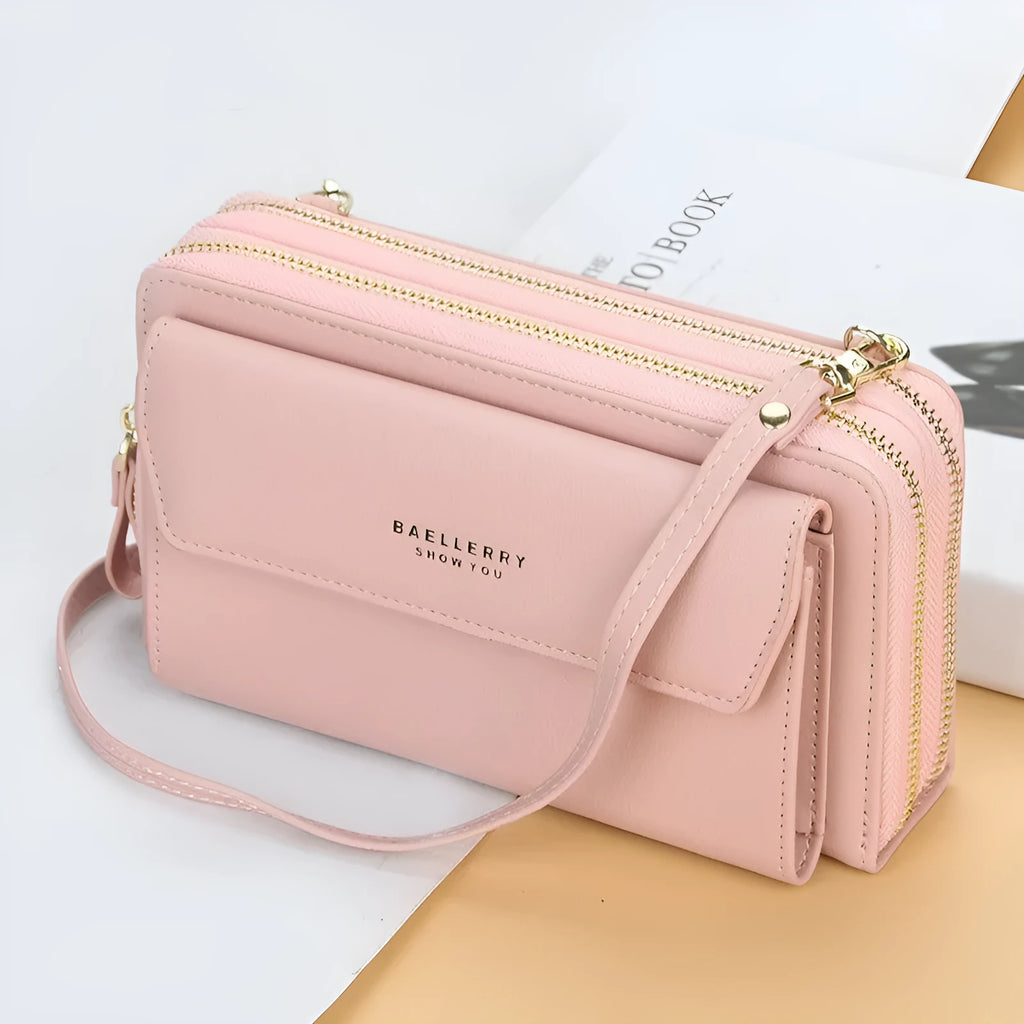 Soft PU leather ladies long wallet with double zipper and diagonal strap in colour selection
