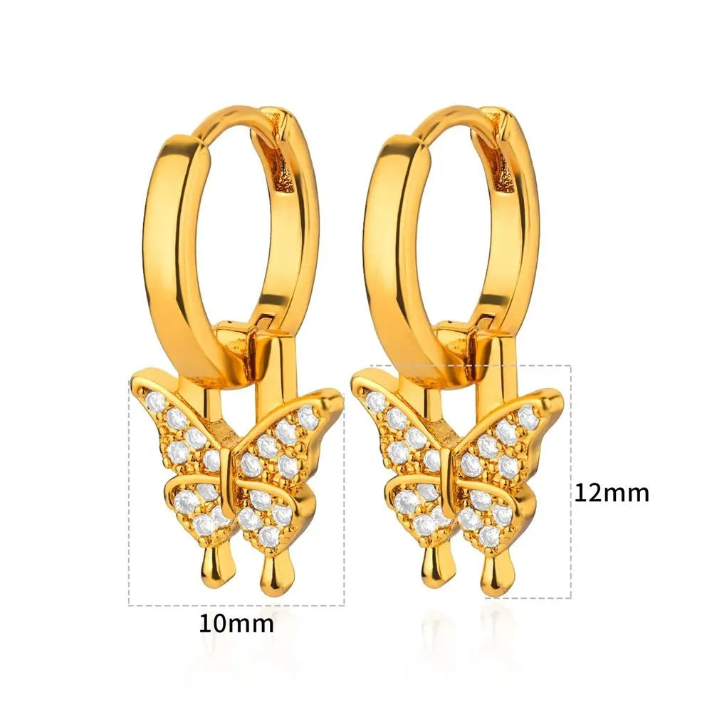 Geometric butterfly and heart-shaped women's earrings in copper with diamond treatment, multiple colours.
